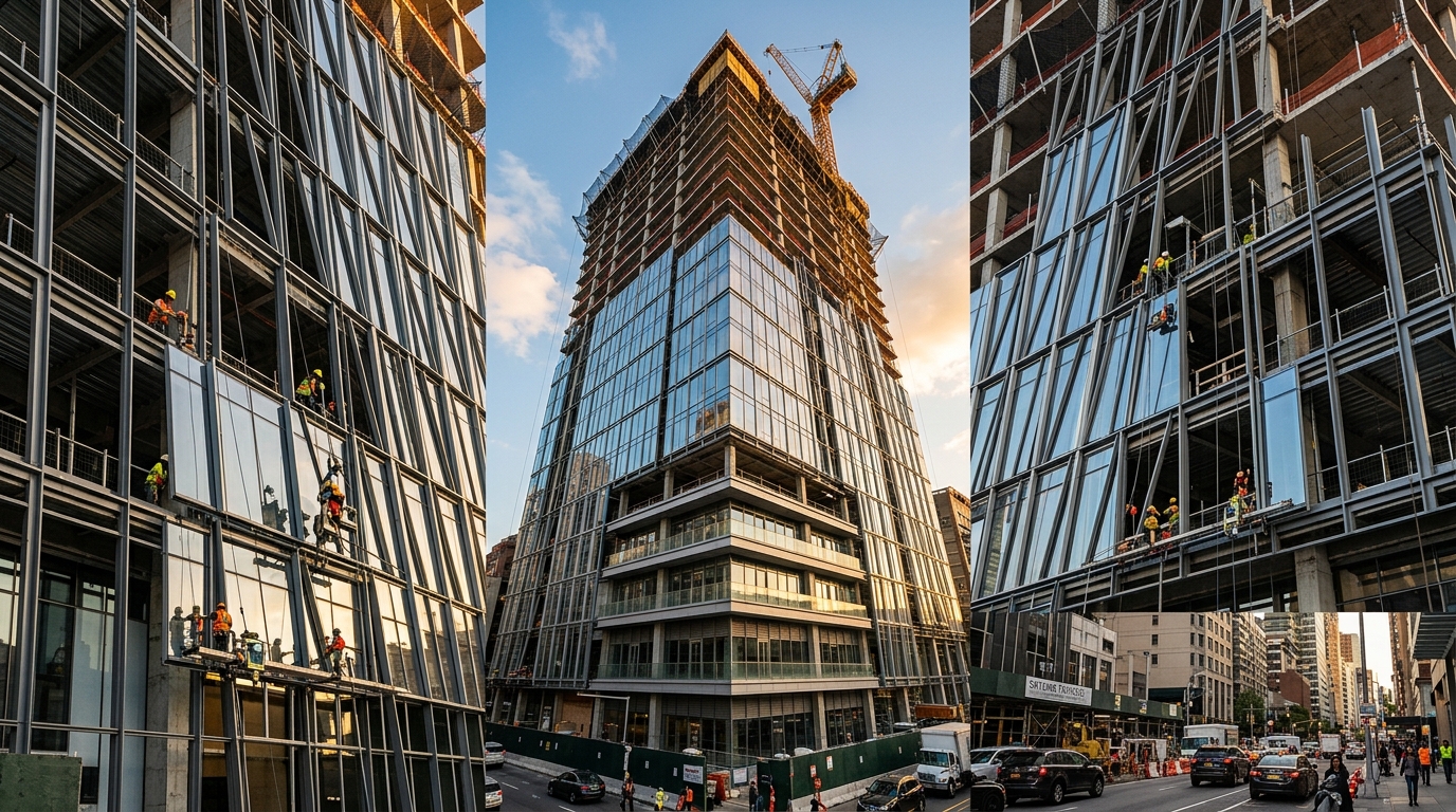 Construction workers installing glass panels on a high-rise building facade