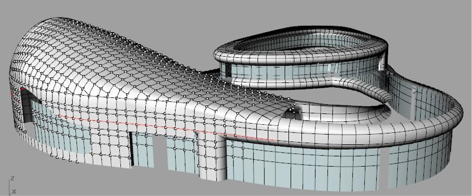 3D wireframe model of a modern, curved building with glass panels and a circular top level