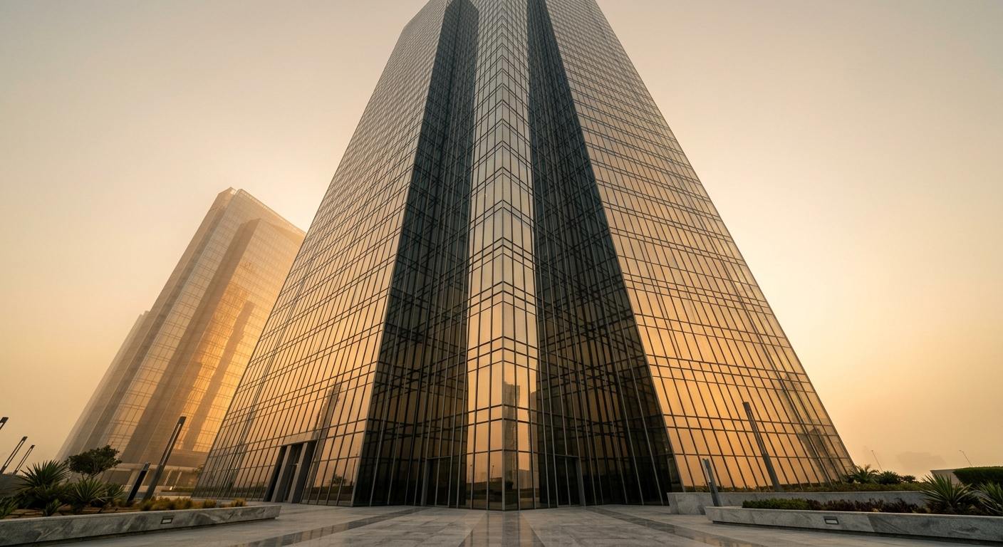 Curtain wall facade of Dubai high-rise tower in desert haze