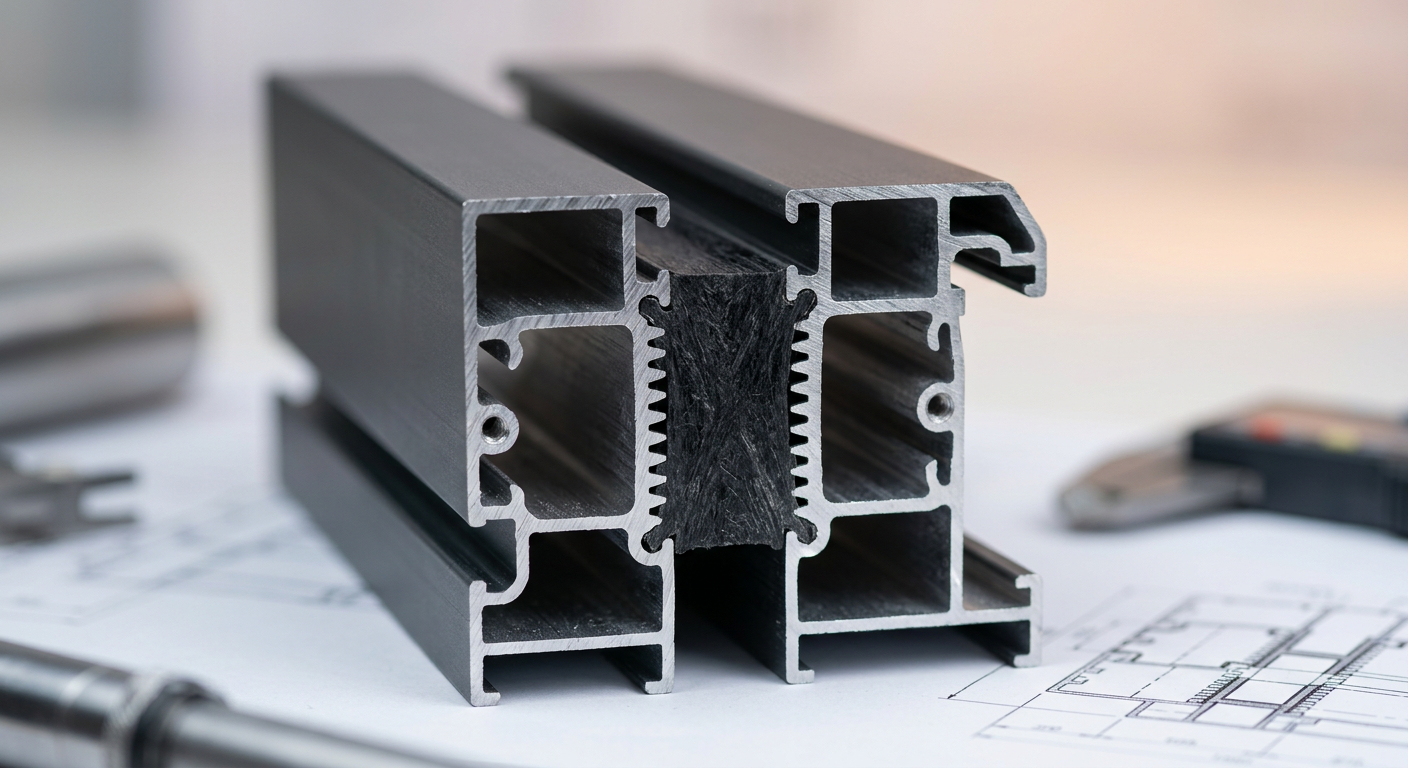 Aluminum curtain wall mullion cross-section showing polyamide thermal break