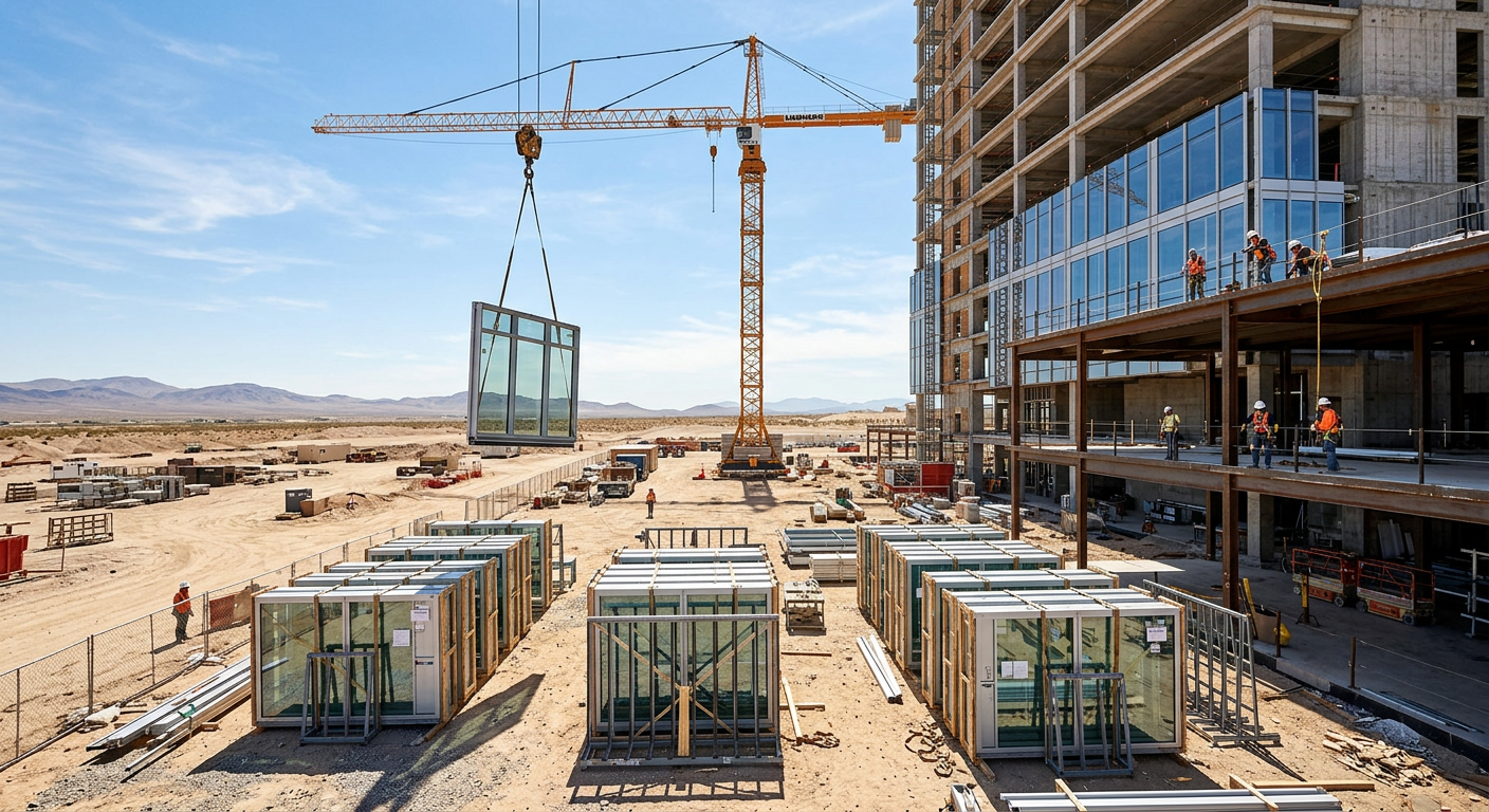 Unitized curtain wall panel being lifted by crane on desert construction site