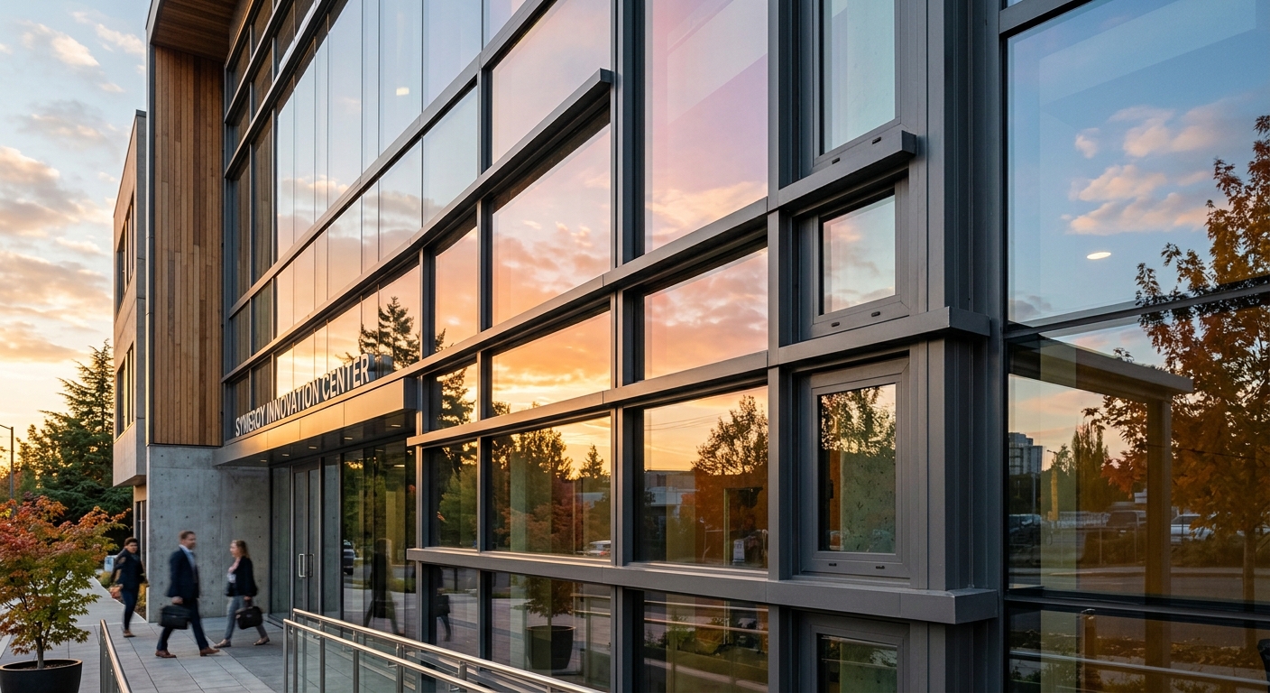 Green building facade with aluminum curtain wall nearing completion