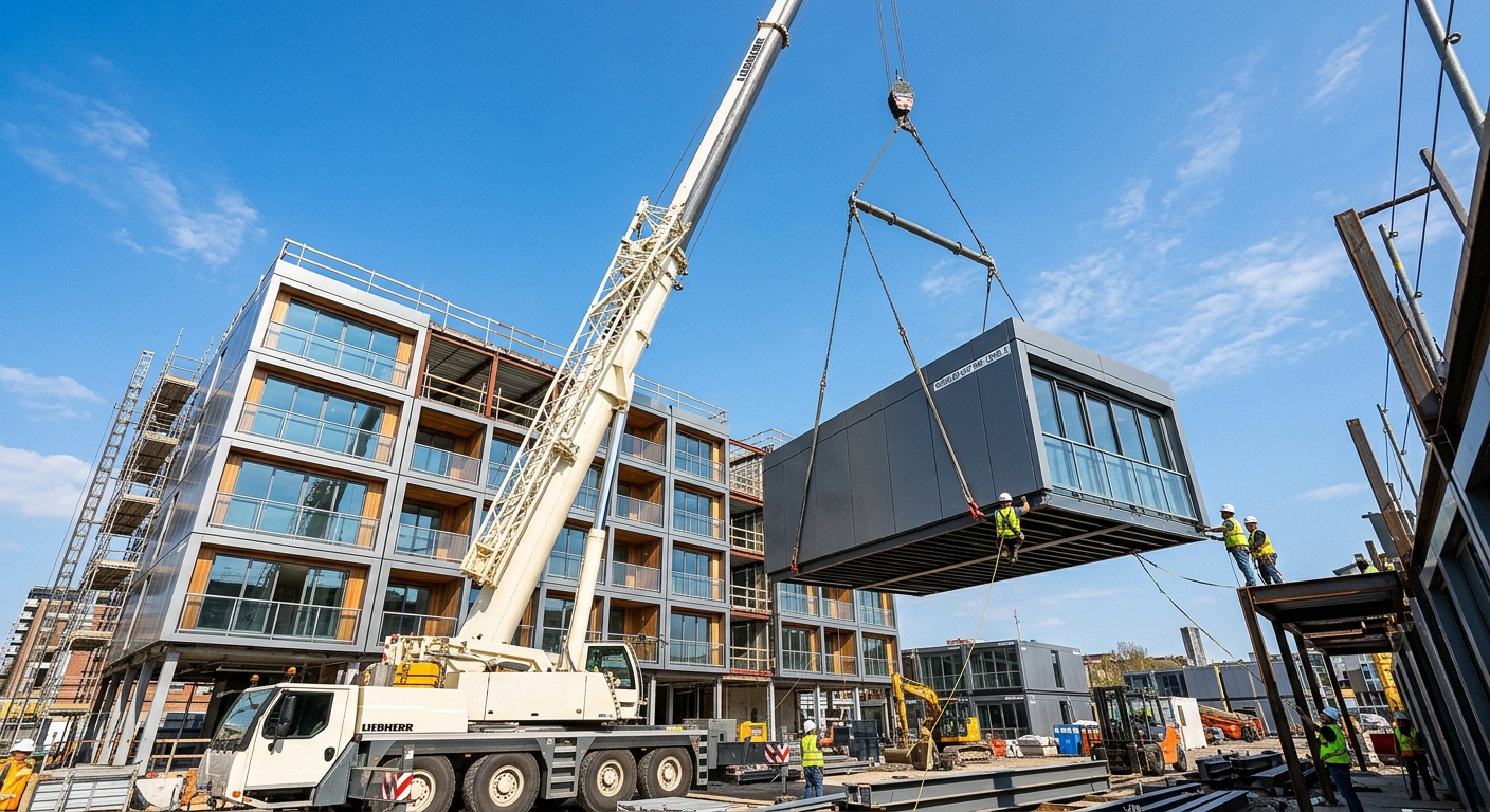 Modular prefabricated building units being installed on site with a crane