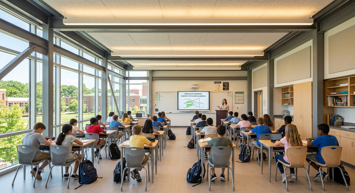 Interior of a contemporary modular classroom with desks and natural light
