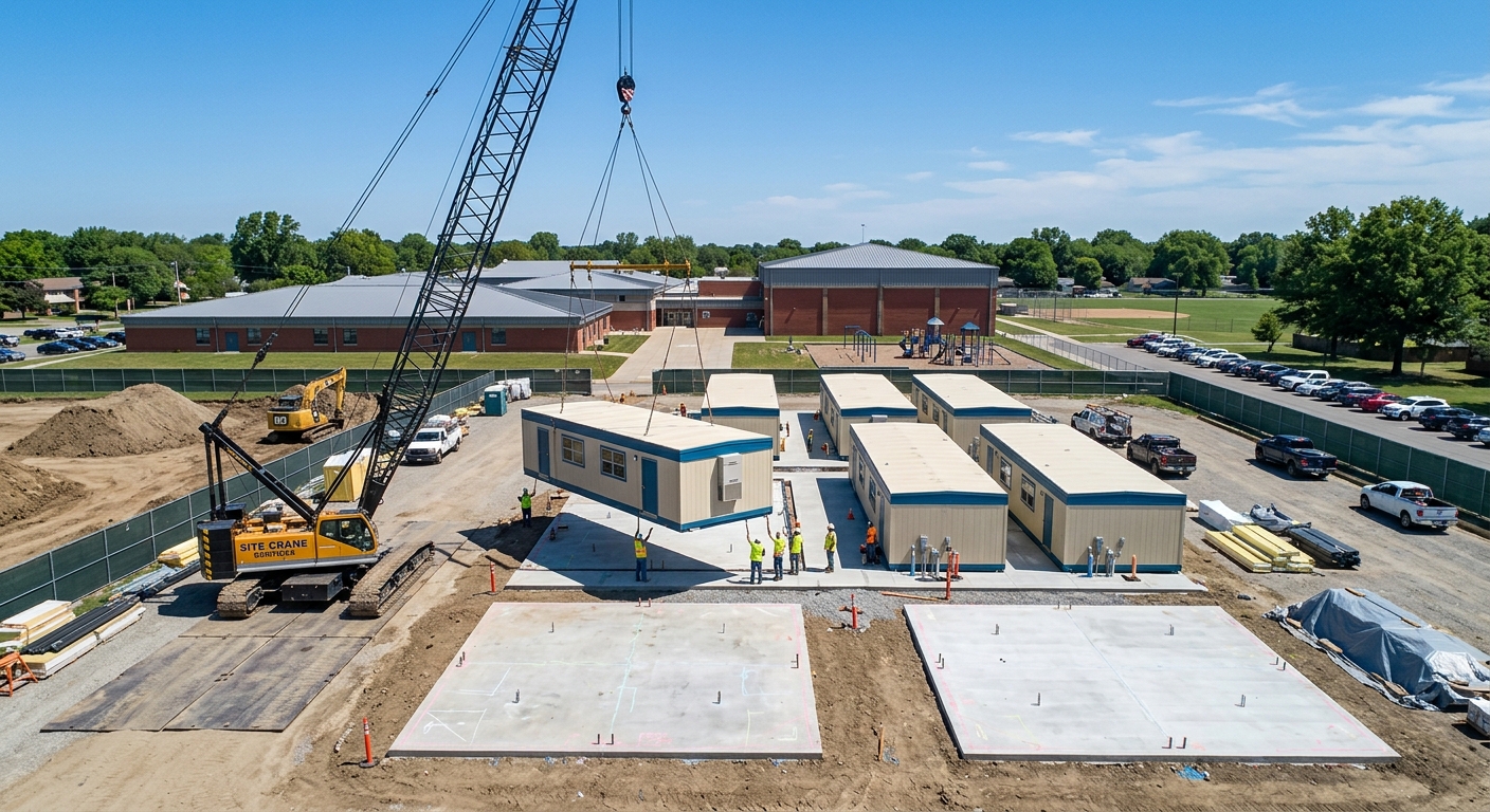 Crane lifting prefabricated classroom module onto foundations during rapid school installation