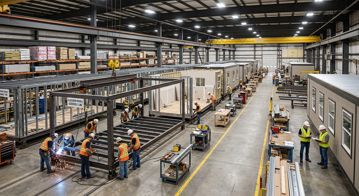 Modular building factory floor assembling steel-framed classroom modules