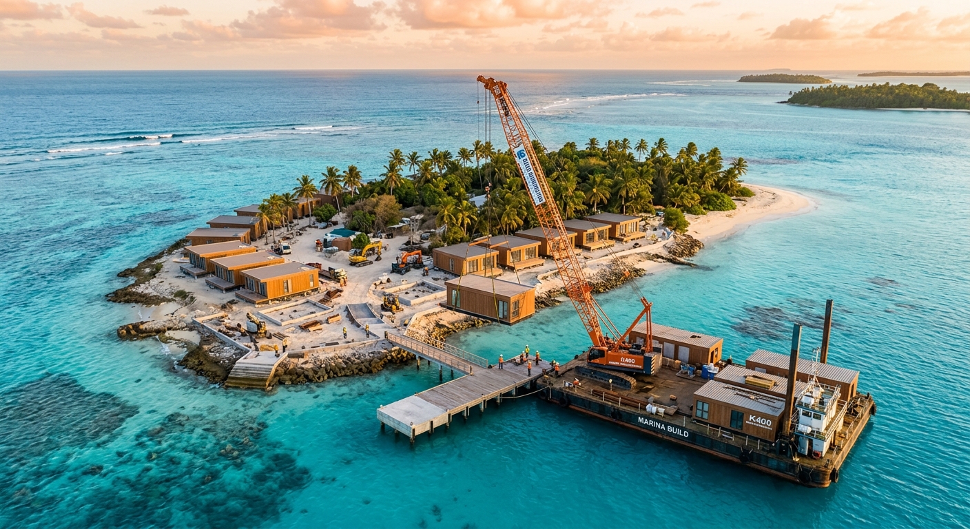 Modular hotel units arriving by barge at a remote island construction site