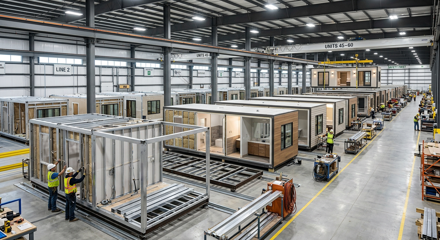 Interior of modular hotel manufacturing factory with rows of prefabricated guest room units