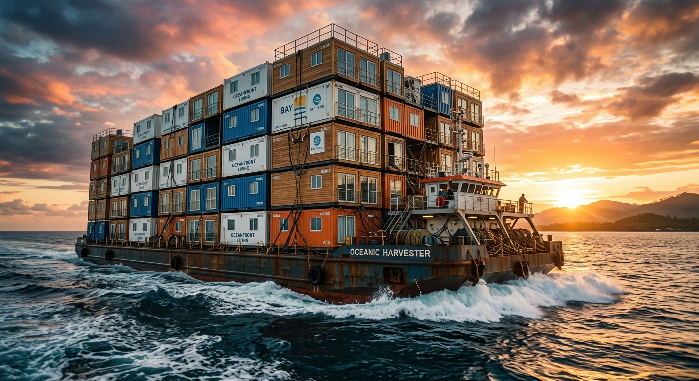Cargo barge transporting prefabricated modular hotel units across ocean