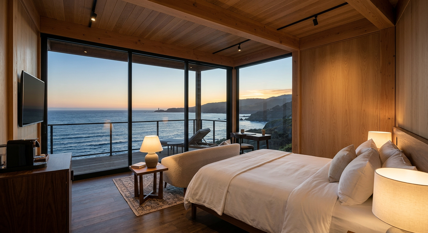 Luxury modular hotel guest room interior with ocean view