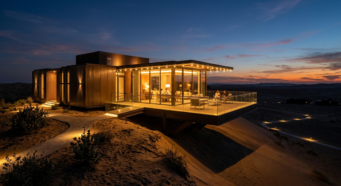 Modular desert resort villa with cantilevered terrace at twilight