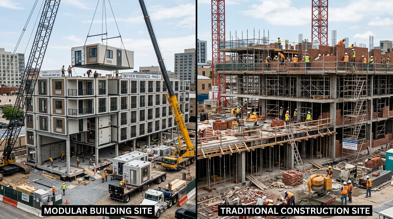Modular versus traditional construction site comparison