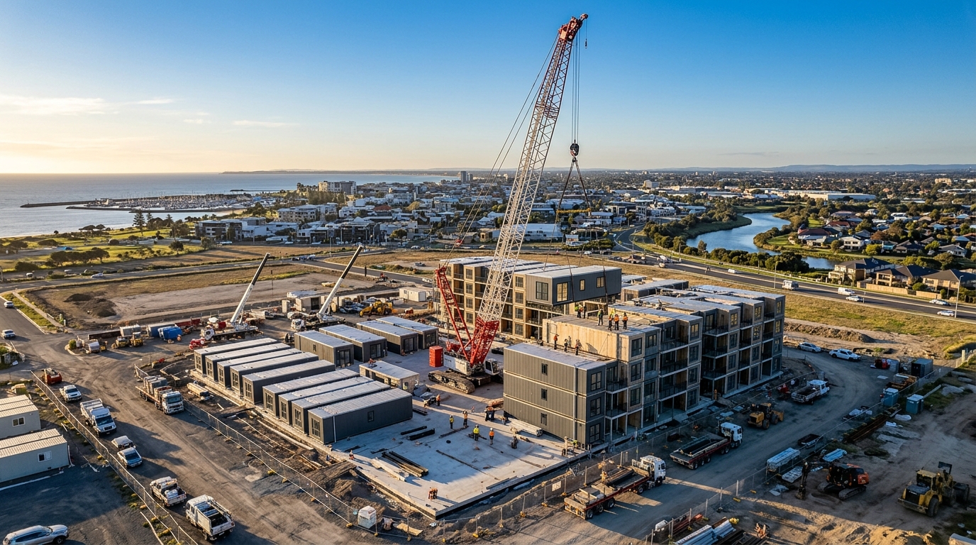 Prefab modules being lifted into position on urban construction site