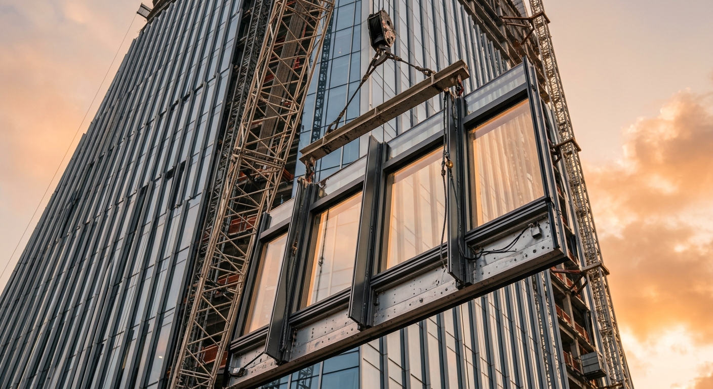 Pre-assembled unitized curtain wall panel lifted by tower crane