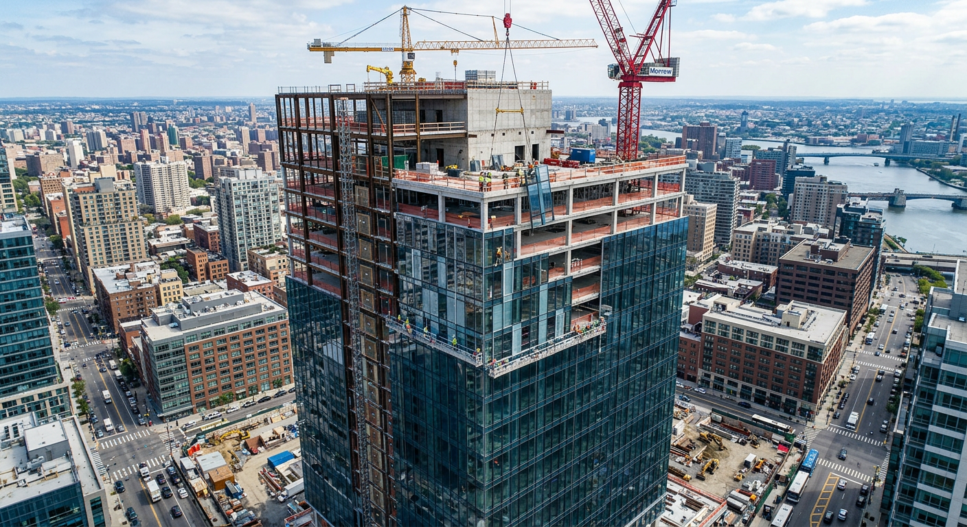 Aerial view of glass curtain wall installation on high-rise tower