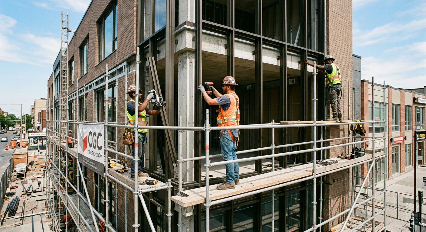 Stick-built curtain wall installation with aluminum mullions on low-rise facade