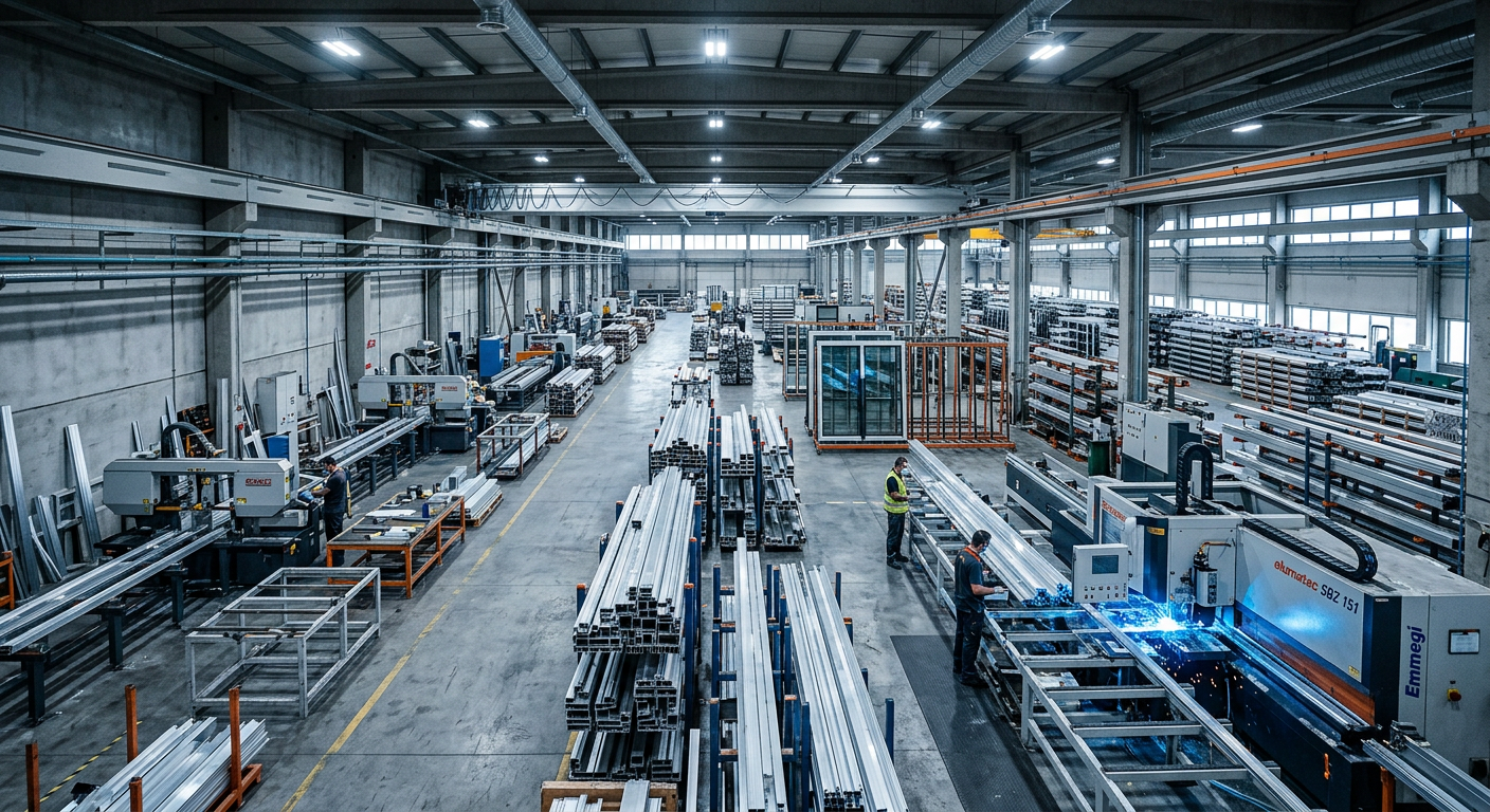 Aluminum curtain wall manufacturing facility interior