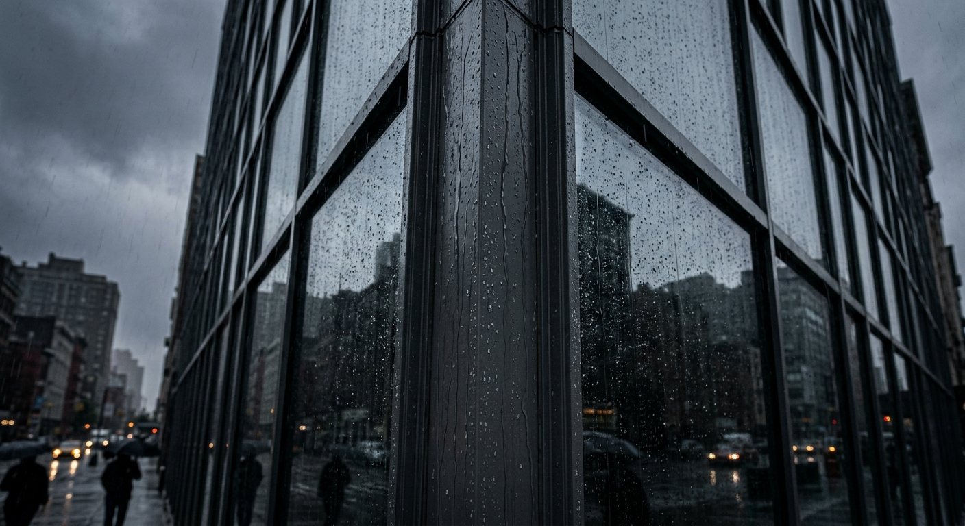 Rain hitting an aluminum curtain wall facade showing water flow patterns