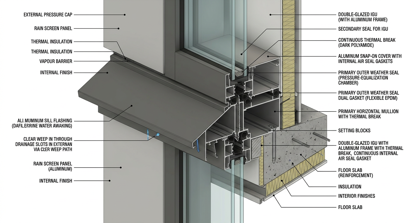 Technical cross-section of pressure-equalized curtain wall joint with drainage cavity