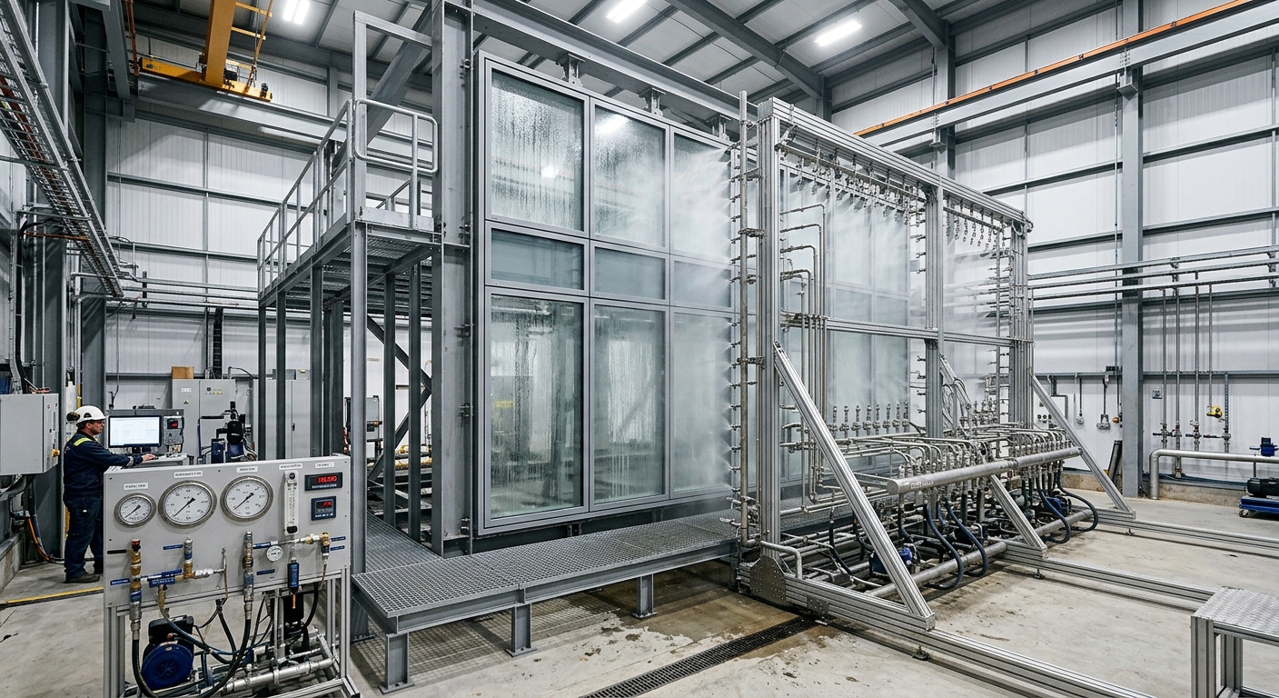 Curtain wall mock-up undergoing water penetration testing in a lab chamber