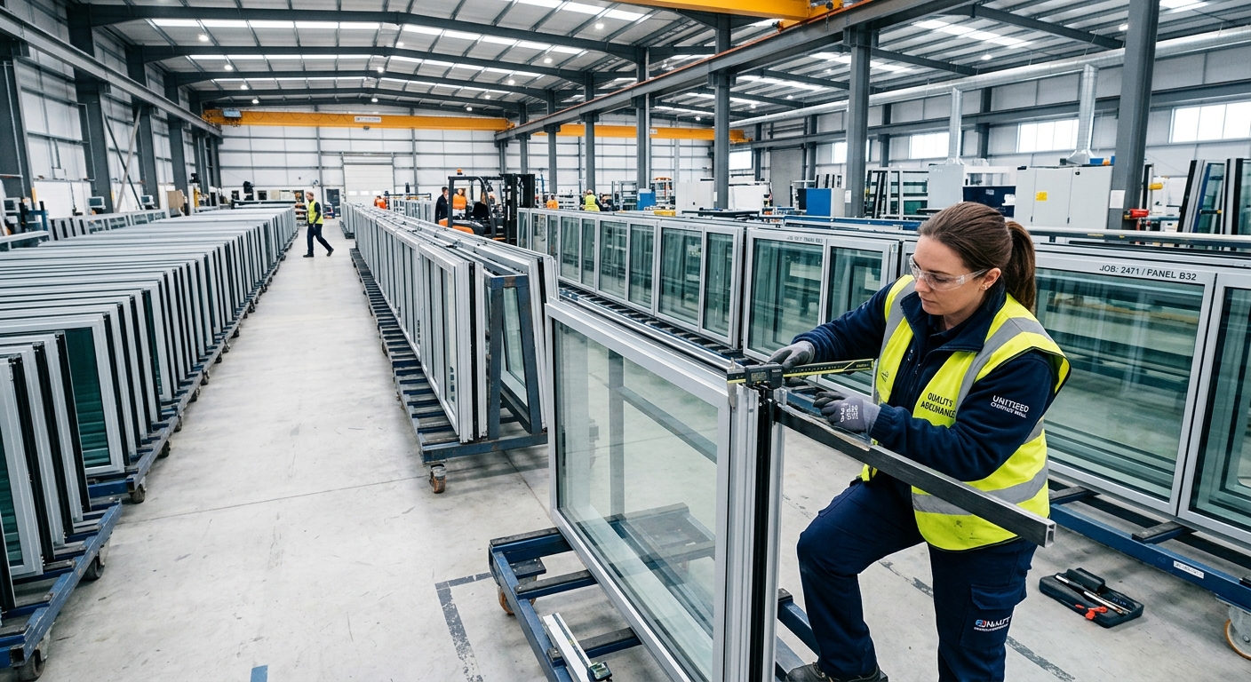 Aluminum curtain wall panels being inspected for dimensional accuracy in a factory