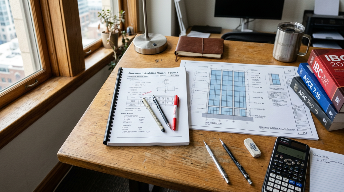 Structural engineer reviewing curtain wall wind load calculation documents at a desk
