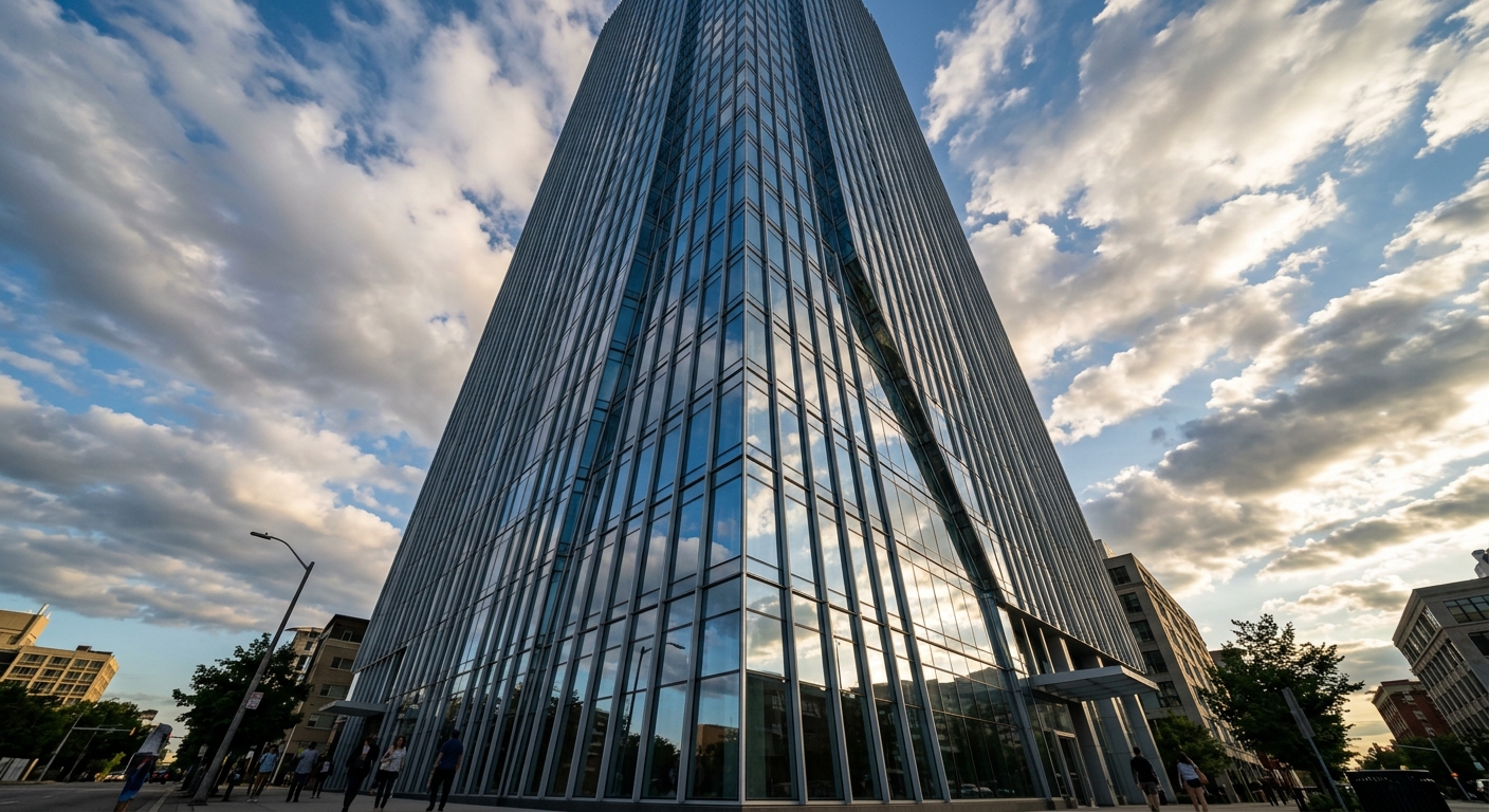Glass curtain wall corner of a high-rise tower against a windy sky