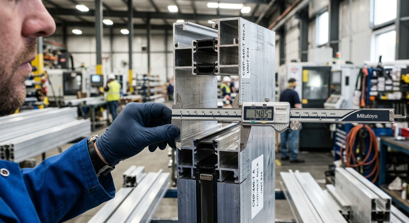 Aluminum curtain wall mullion profile being measured in a manufacturing facility