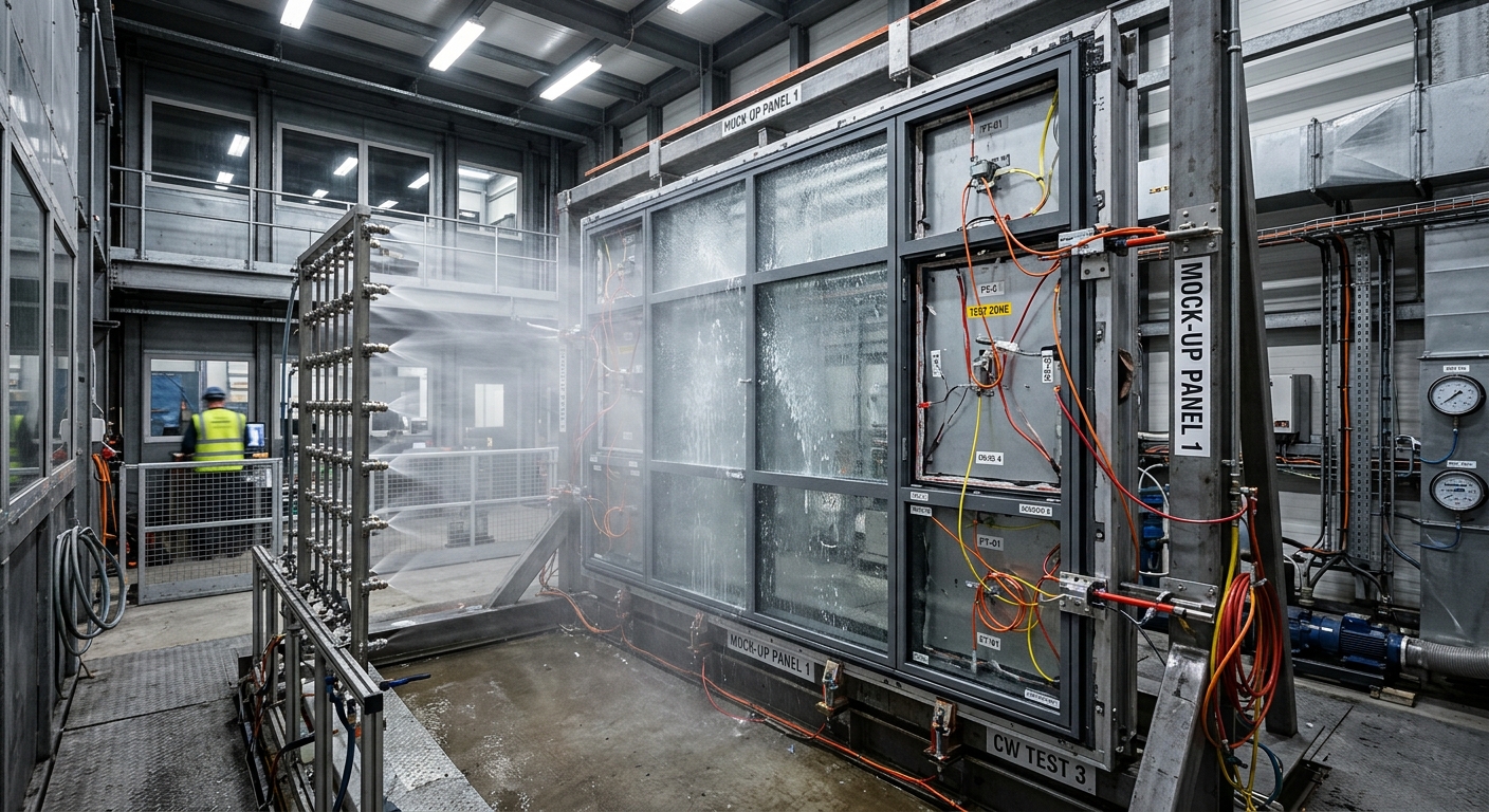 Curtain wall mock-up panel undergoing water and pressure testing in a lab