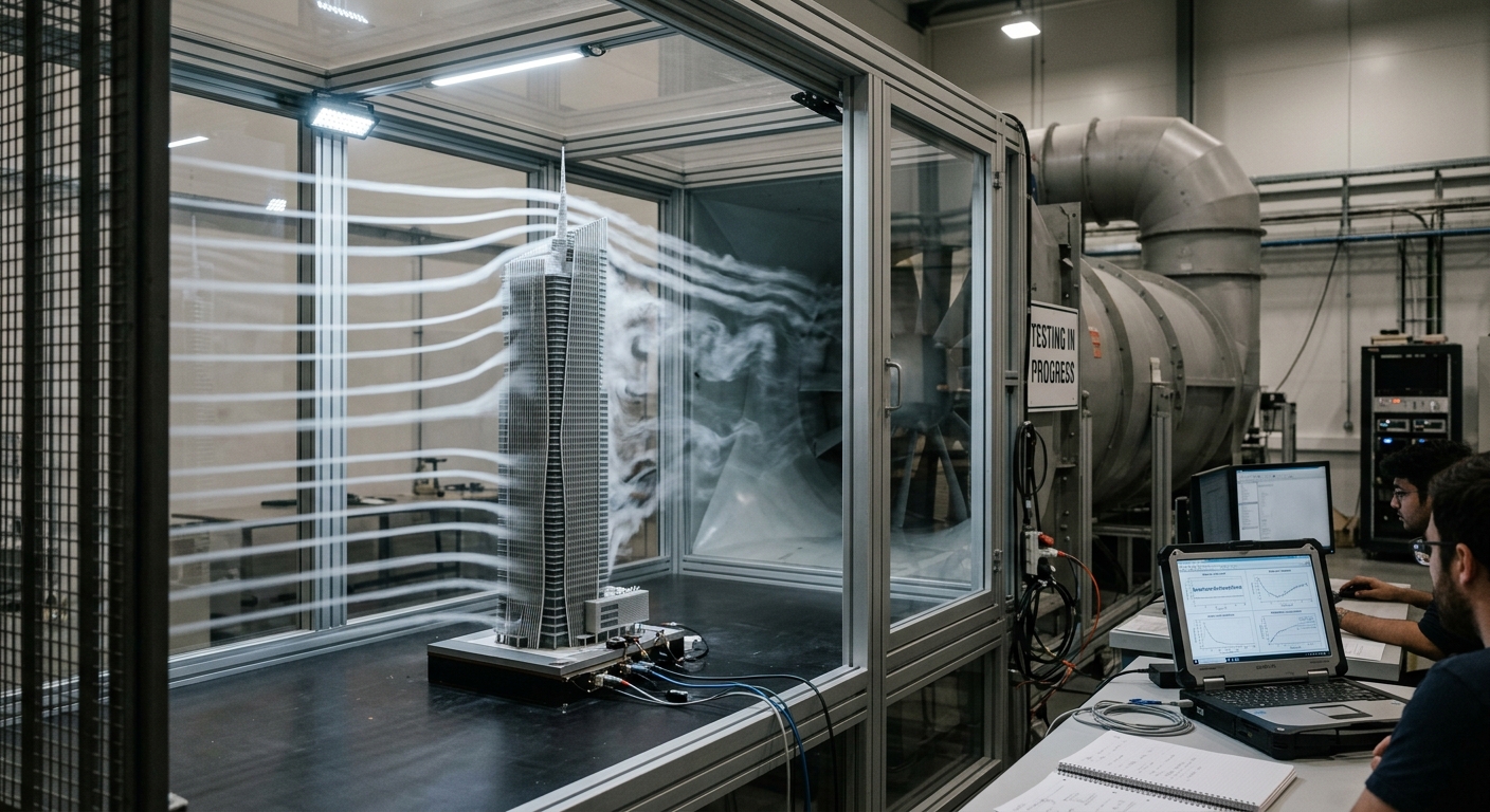 Scale model of a high-rise tower in a wind tunnel test with airflow visualization