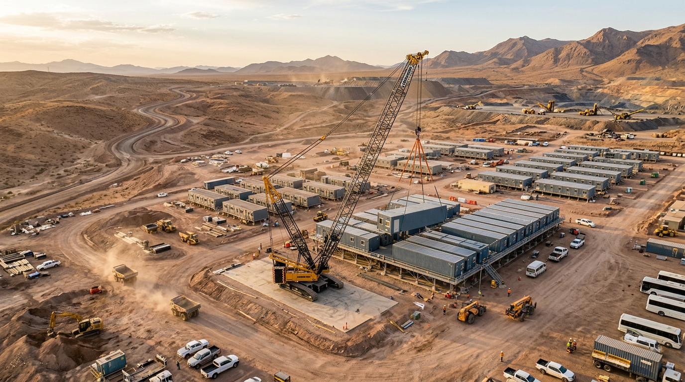 Aerial view of modular camp under construction at a mining site