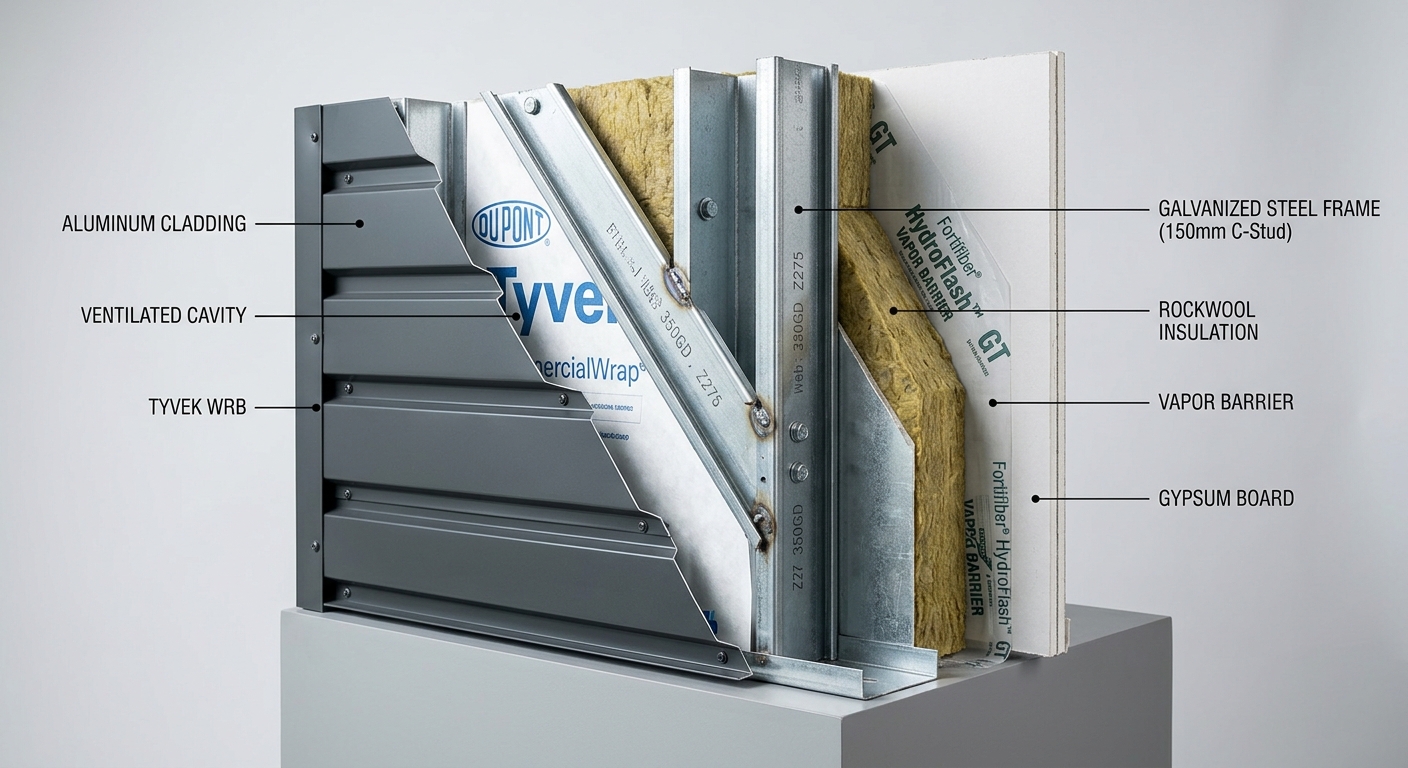 Modular building wall section showing insulation and aluminum cladding layers