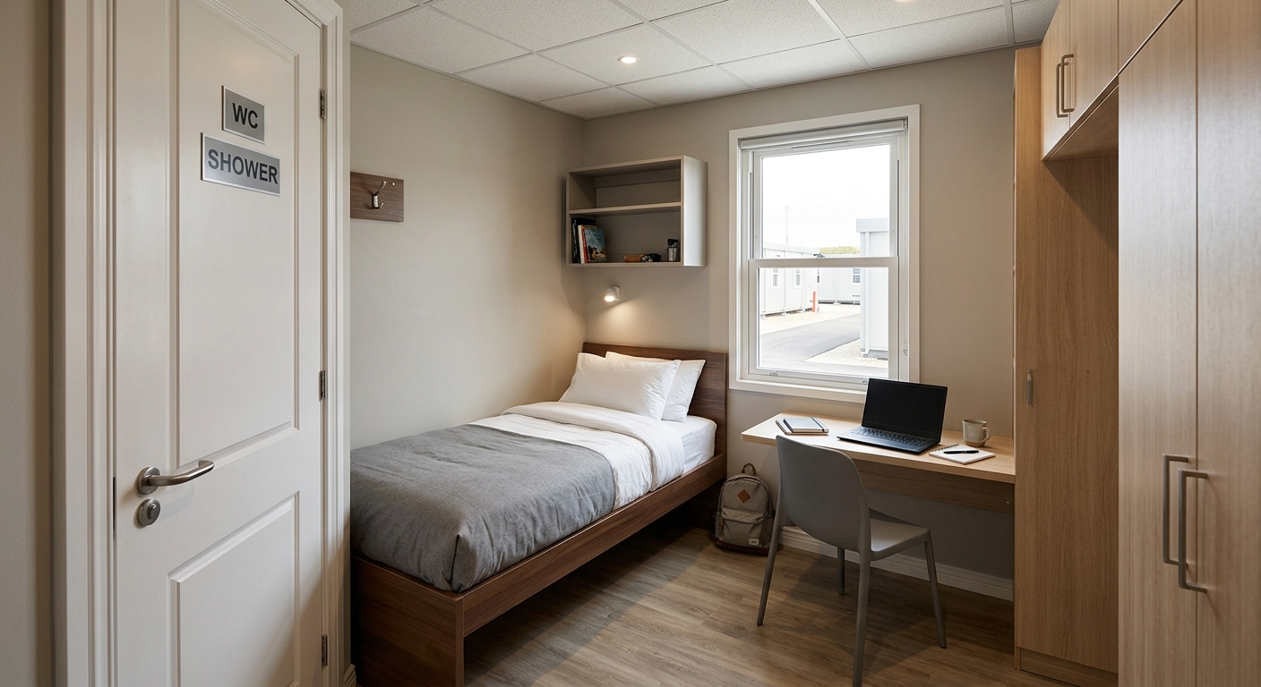 Interior of a modular worker camp bedroom with ensuite