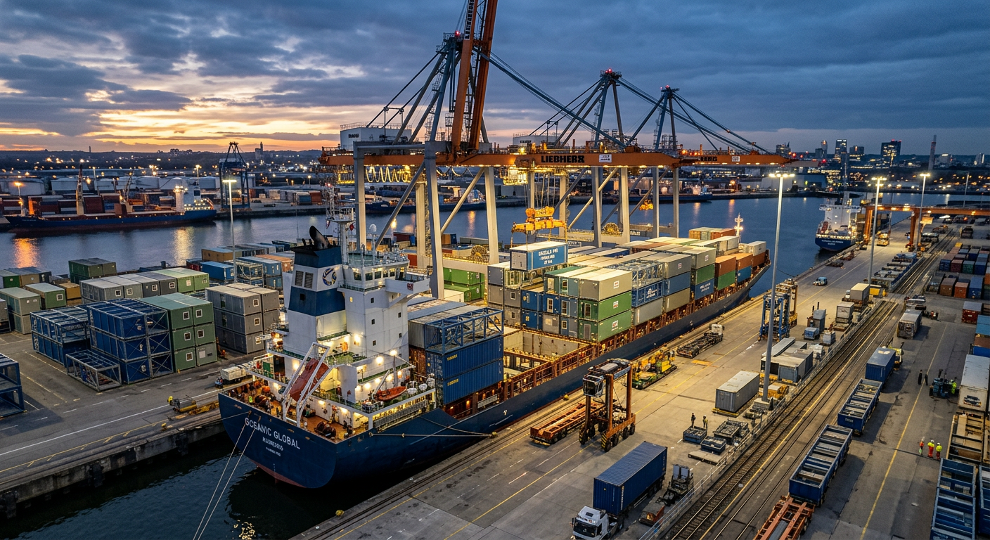 Container ship loading modular building units at port
