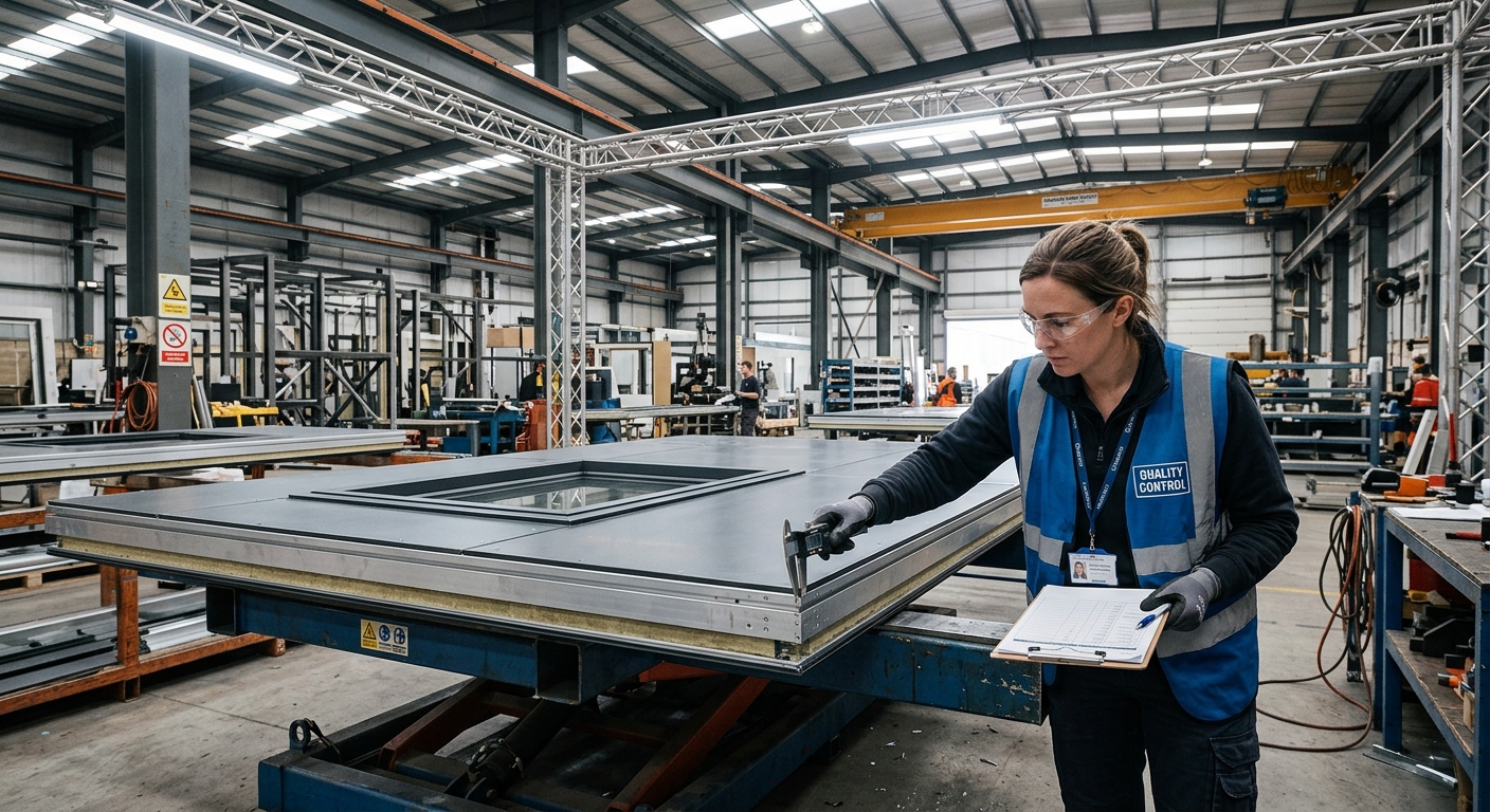 Factory quality control inspector examining a modular wall panel