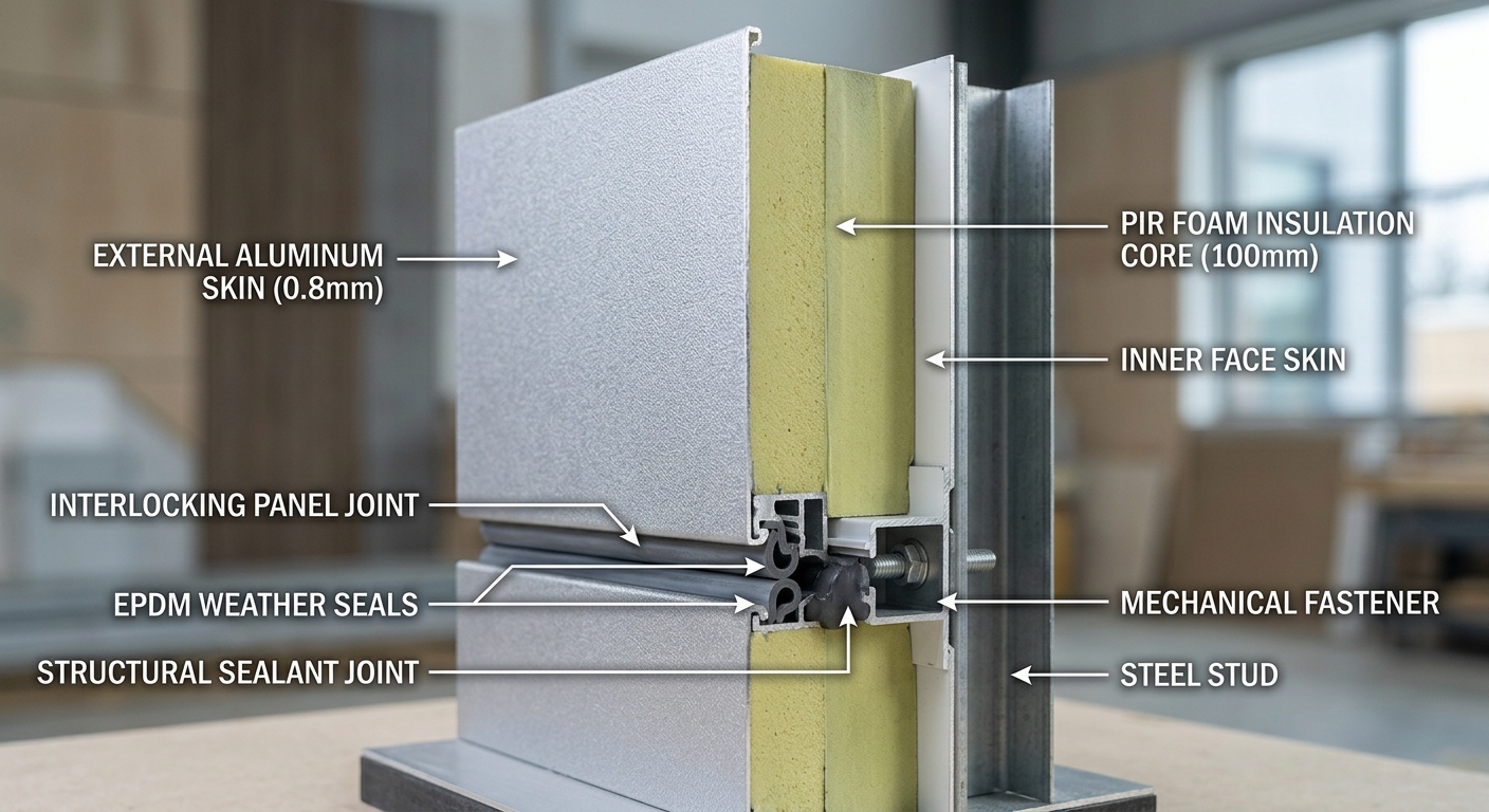 Cutaway of an insulated modular wall panel showing layered core