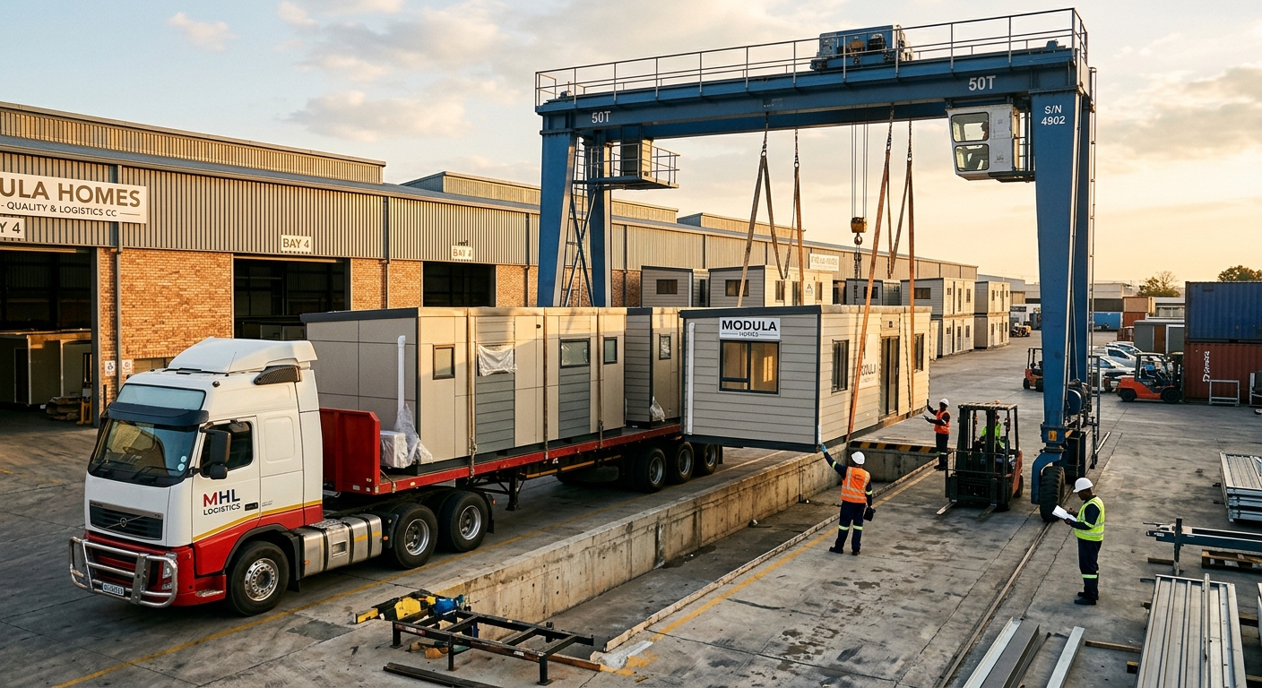 Modular units being loaded for shipment at factory dock