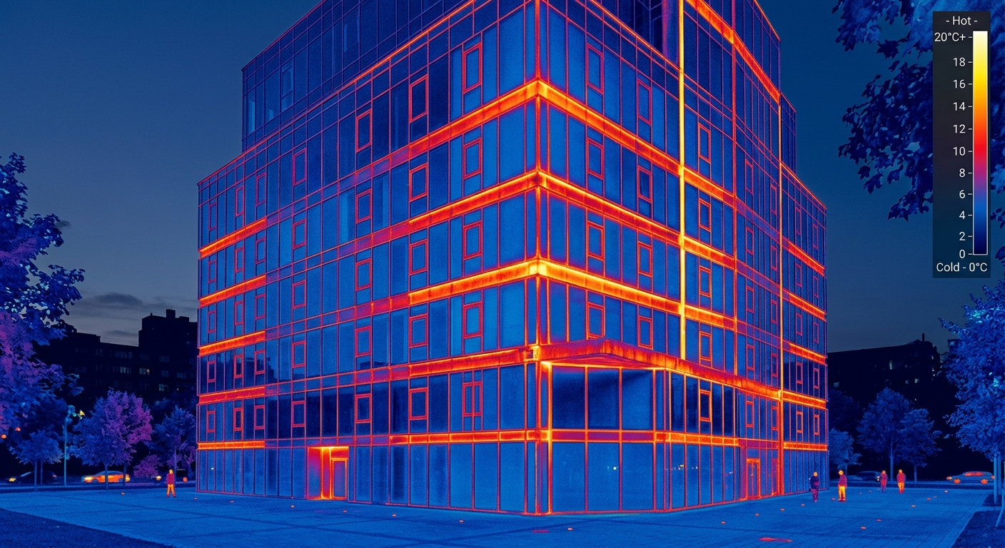 Infrared thermographic scan showing heat loss patterns on a building exterior at night