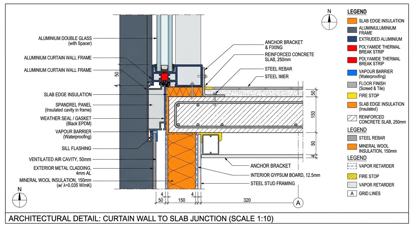 Architectural cross-section illustration of a building wall junction with thermal break detailing