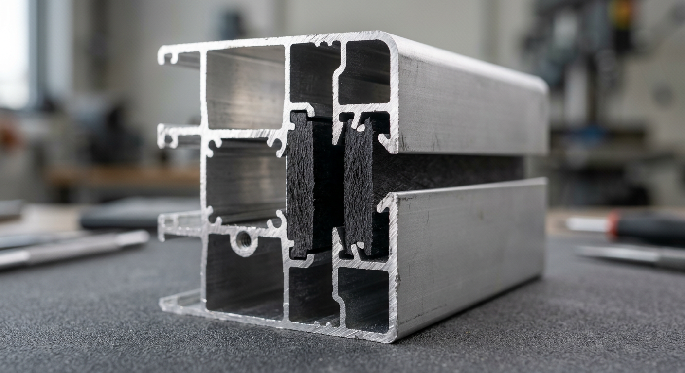 Close-up of aluminum curtain wall profile with polyamide thermal break