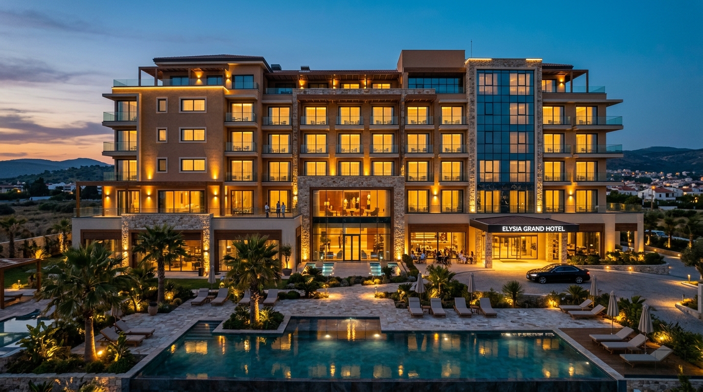 Modern hotel facade at twilight with glass and aluminum curtain wall