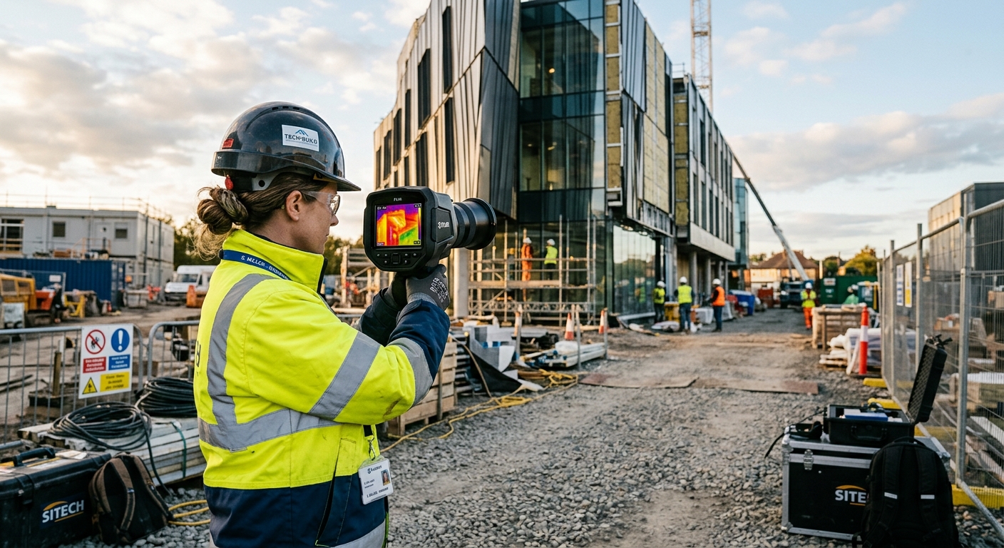 Engineer using thermal imaging camera to inspect building facade for heat loss