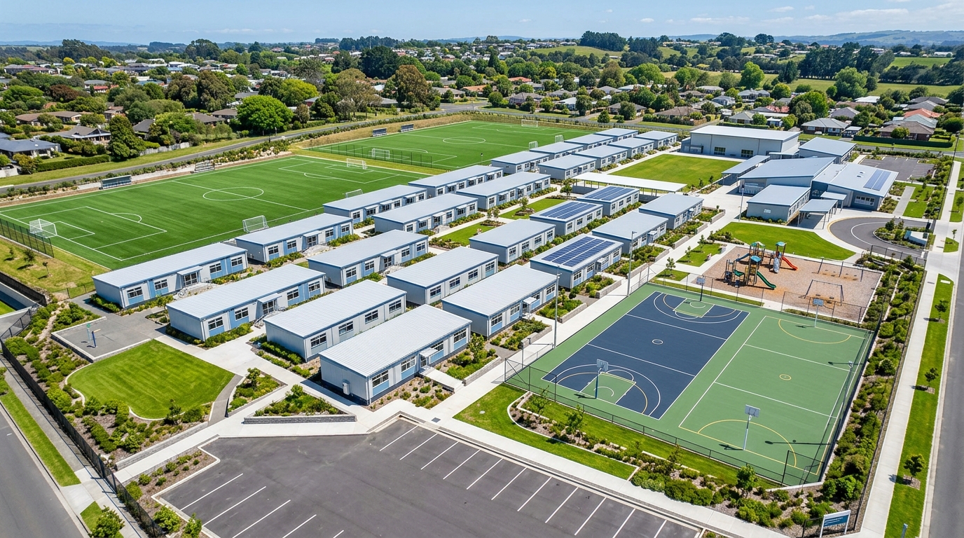 Completed modular school campus from above