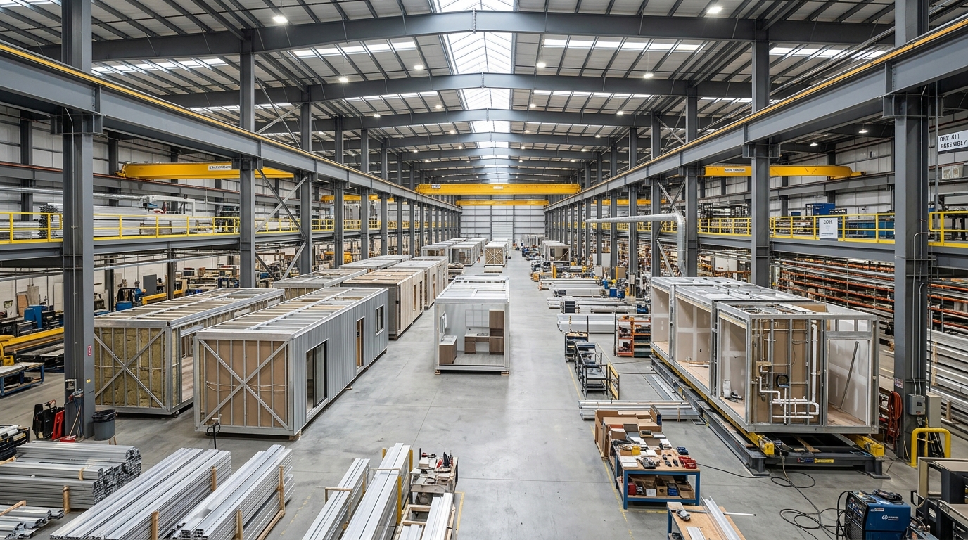 Modular building units in production inside a manufacturing facility