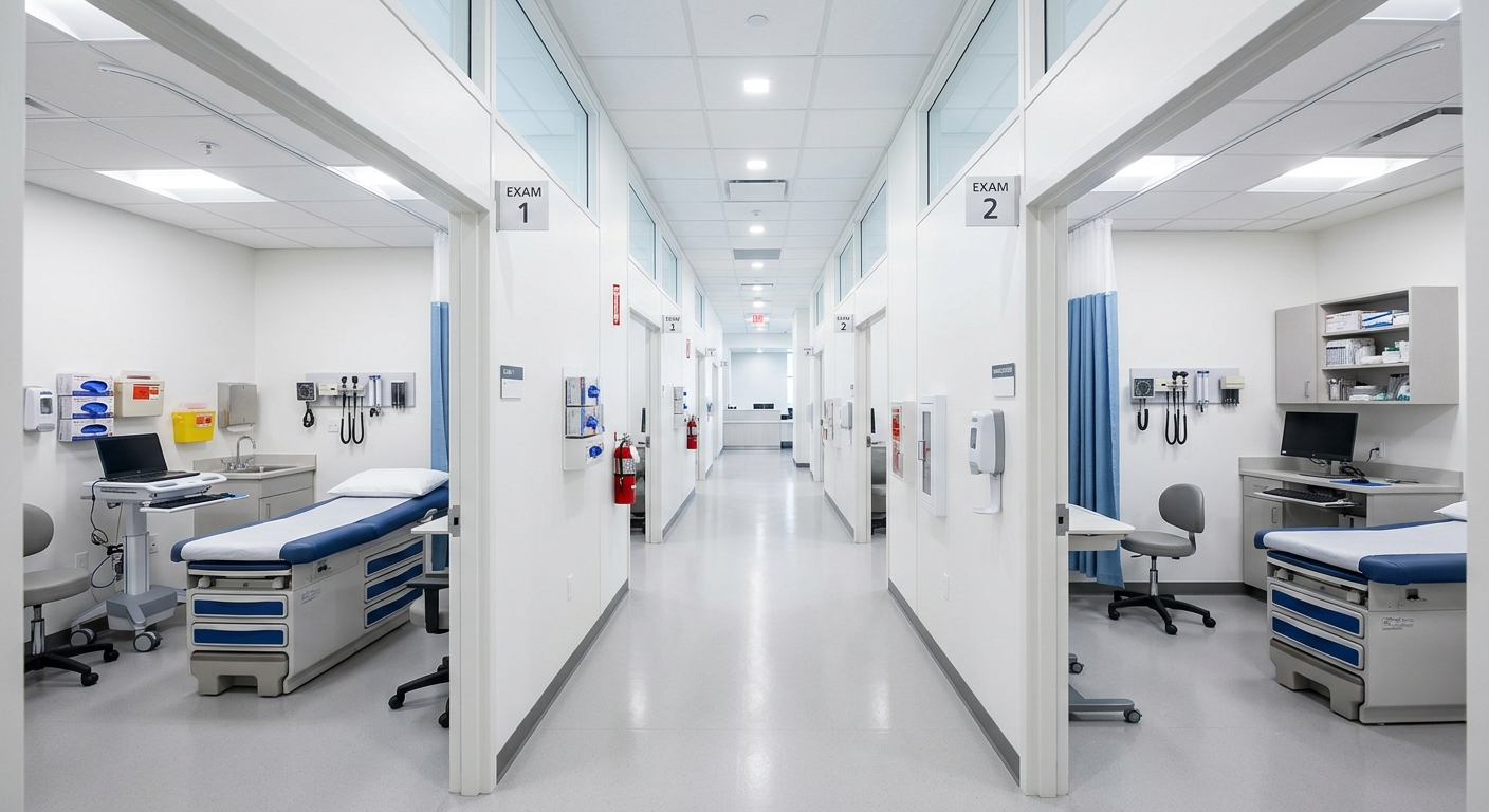 Interior of a modular medical clinic with examination room