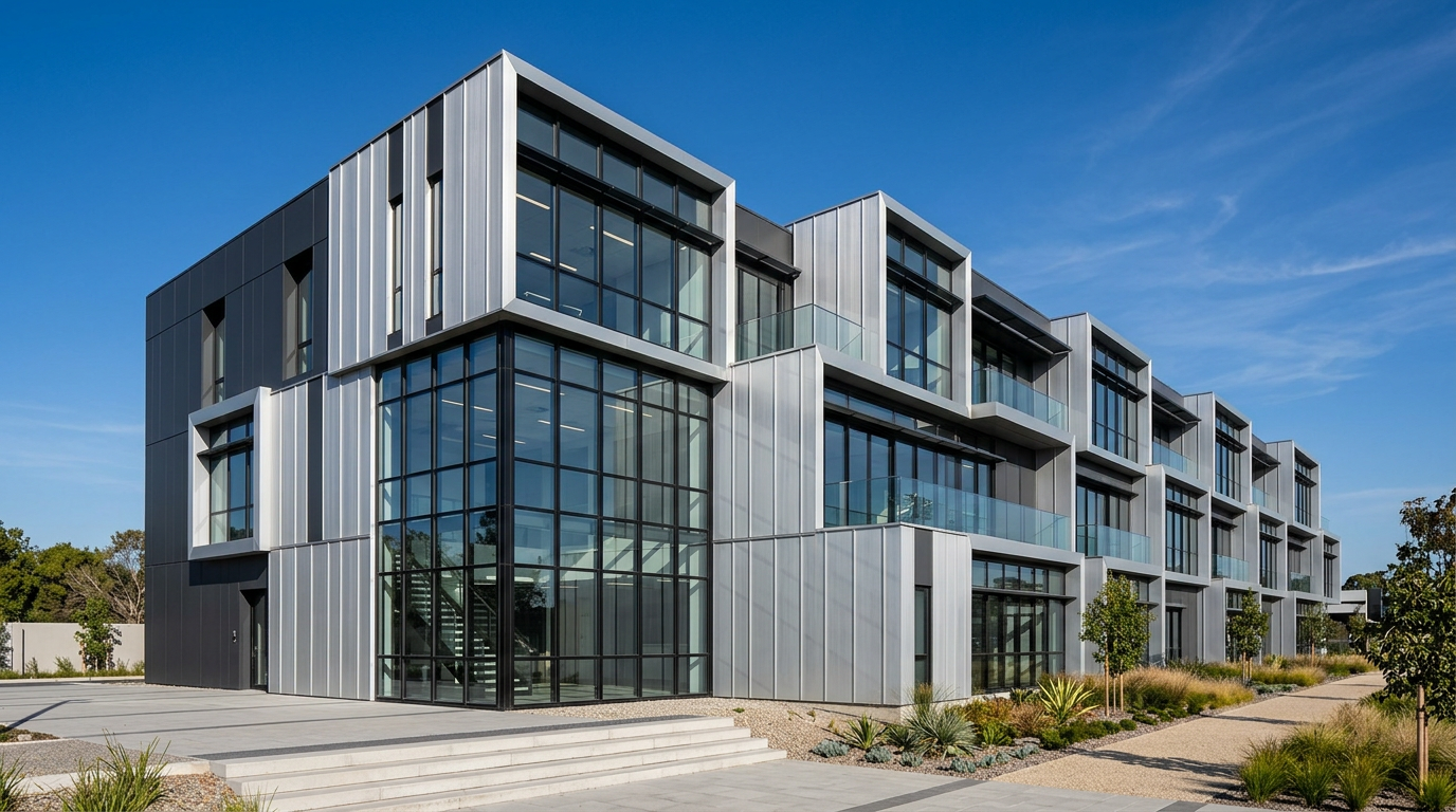 Exterior of a modular public building with aluminum cladding