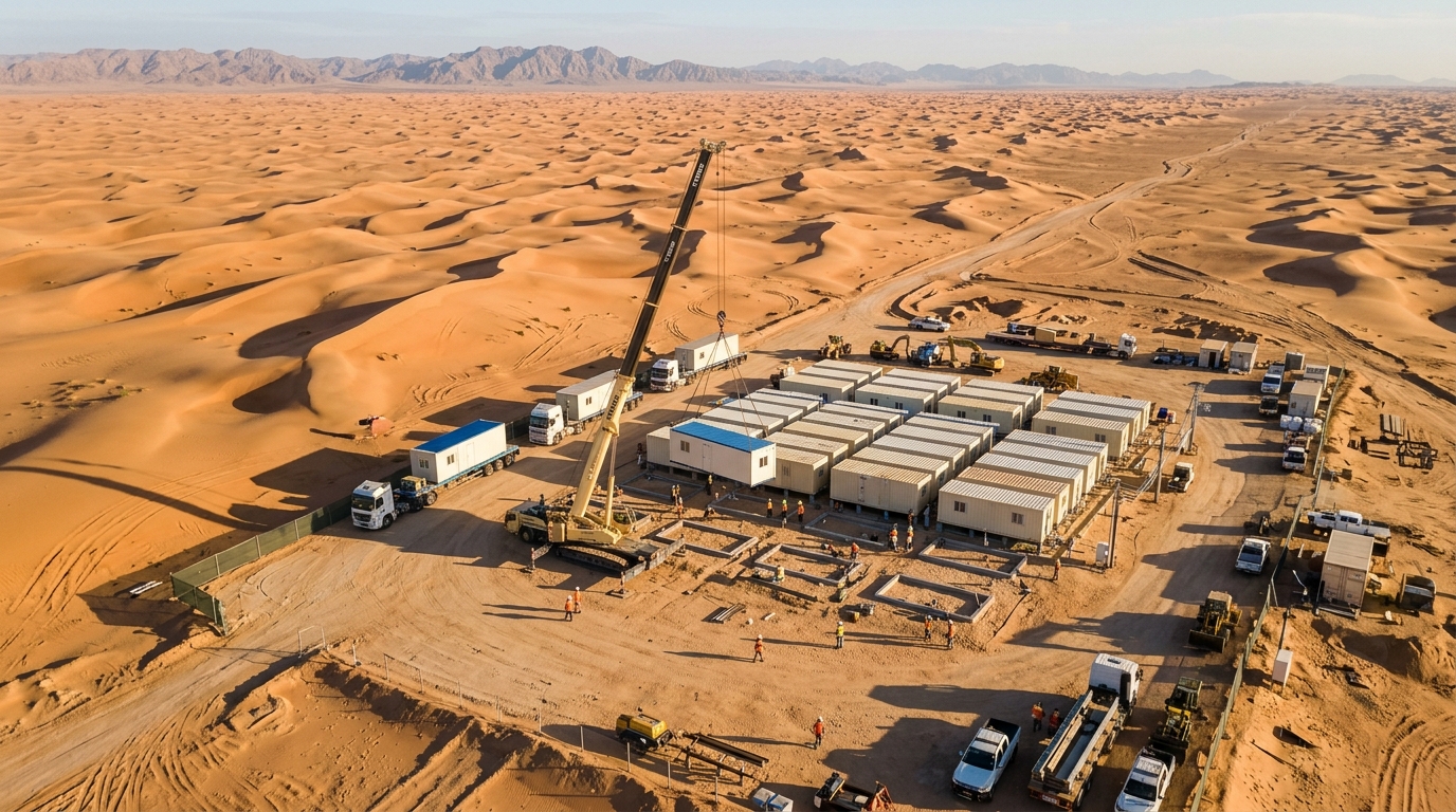 Aerial view of remote desert construction site with modular units being delivered