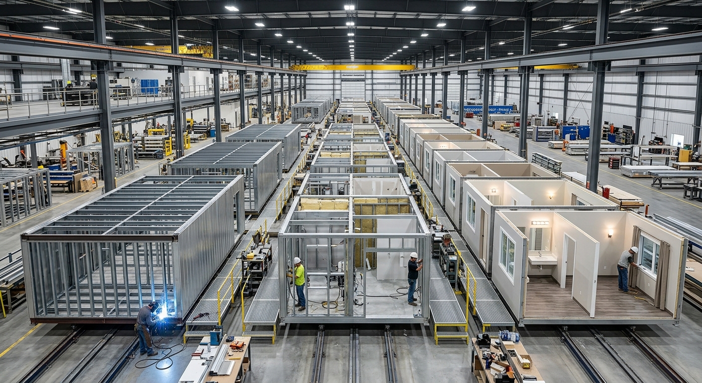Prefab factory interior with hotel room modules on an assembly line