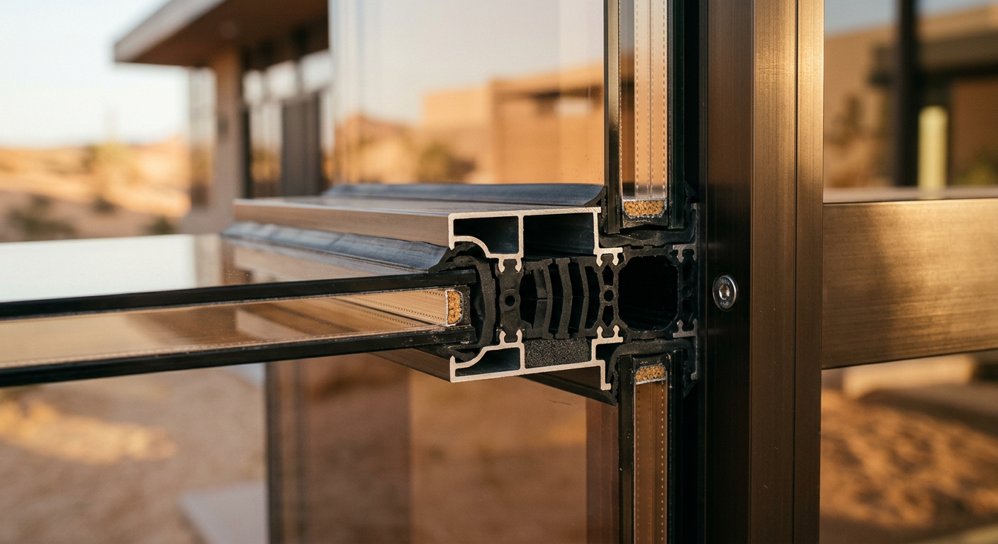 Close-up of aluminum curtain wall panel with thermal break detail