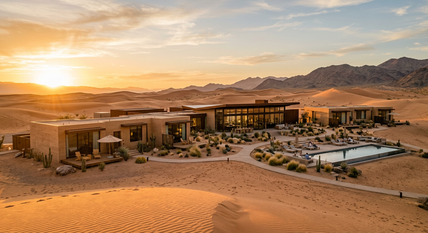 Completed modular desert eco-lodge at sunset blending into the dunes